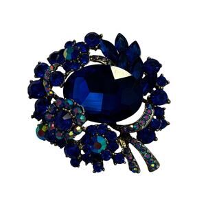 Vintage inspired chunky blue rhinestones brooch ornate silvertone AB finish